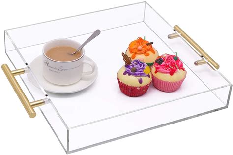 Custom Clear Acrylic Food Serving Breakfast Tray With Gold Handles For