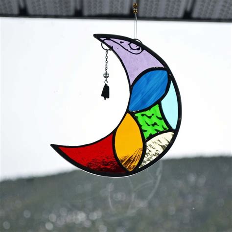 Stained Glass Crescent Moon Sun Catcher Boho Lotus Moon Clear Crystal