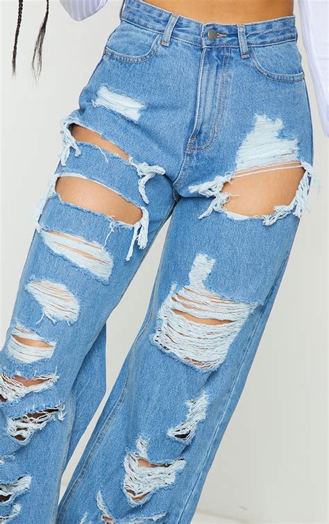 Mid Blue Wash Ripped Baggy Boyfriend Jeans Prettylittlething