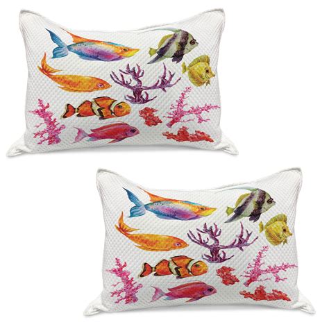 Ocean Knitted Quilt Pillowcover Set Of Illustration Of Exotic Fish