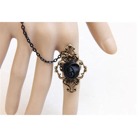 Gothic Black Wristband Rose Embellished Bracelet With Ring J18076