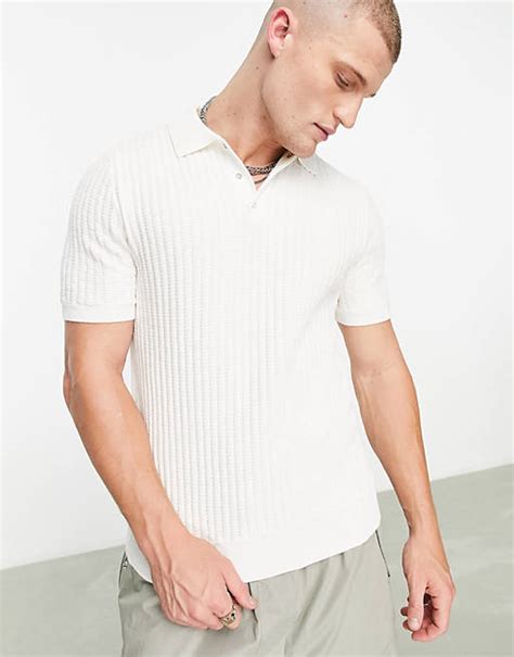 River Island Waffle Knit Polo In White Asos