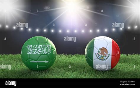 Two Soccer Balls In Flags Colors On Stadium Blurred Background Saudi