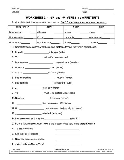 Ar Er Ir Verbs Worksheet In Spanish Answers