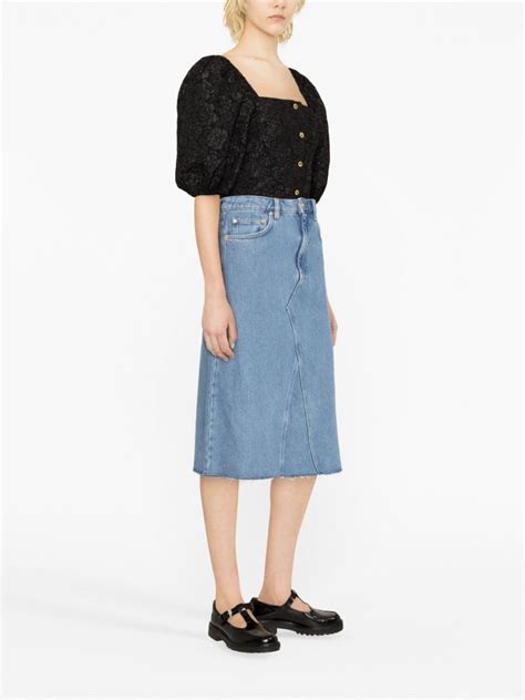 Ganni Organic Denim Midi Skirt In Blue Modesens