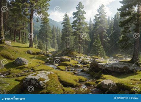 Wilderness Landscape Forest With Pine Trees And Moss On Rocks Stock