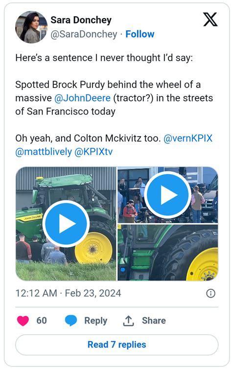 49ers Qb Purdy Rides John Deere Tractor With His Fiancée In Sf Filming Commercial Sportnewscast