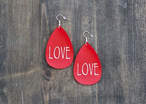 Valentines Day Faux Leather Earrings Large Oval Teardrop