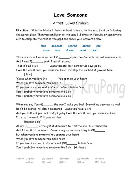 be Able...by ครูโป่ง: Love Someone, Lukas Graham - Free Printable Lyrics Worksheet