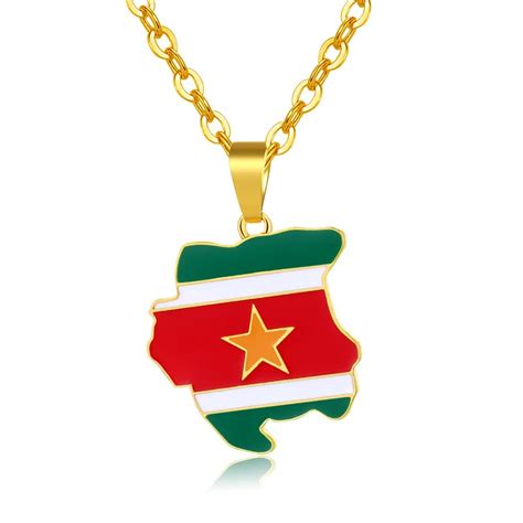 Goudkleurige Ketting Met Surinaamse Kaart En Vlag Hanger