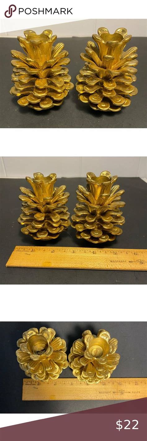 2 Brass Pinecone Taper Candle Stick Holder Pine Cone Country Primitive