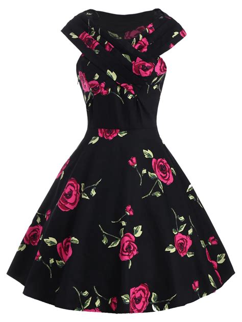 [17 Off] 2022 Retro Style Rose Print V Neck Short Sleeve Ball Dress