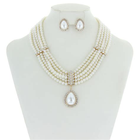 Npy Gcr Line Pearl Necklace Set W Drop