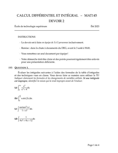 Mat Devoir E Calcul Diff Rentiel Et Int Gral Mat Devoir