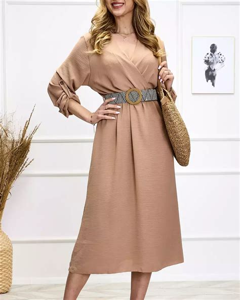 Royalfashion Damska D Uga Sukienka Z Paskiem W Kolorze Camel Camel