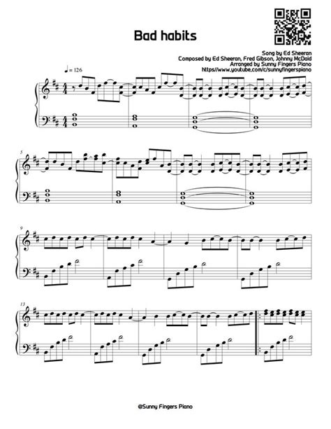 Ed Sheeran Bad Habits Original By Sunny Fingers Piano Sheet Music