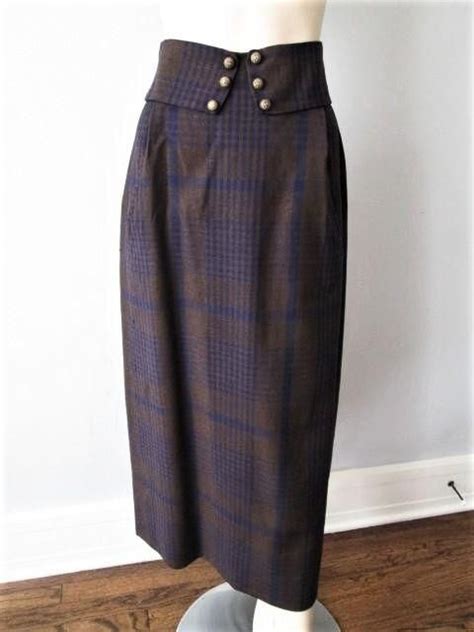 Womens Vintage 1950s Wool Plaid Midi Skirt Sash Belt Fringe 40 Wool