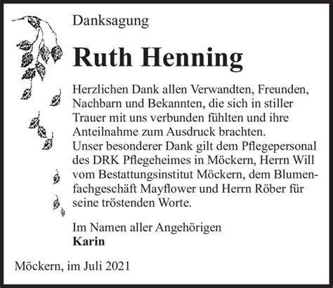 Traueranzeigen Von Ruth Henning Abschied Nehmen De