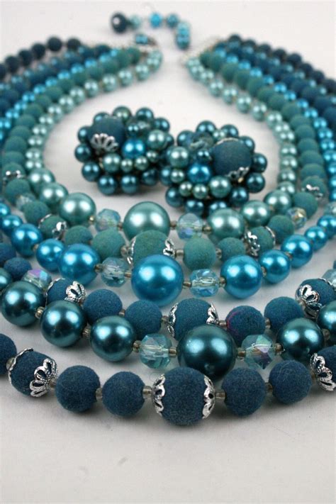 1950s Teal Bead Necklace And Earrings Japan Set Multi Strand Etsy