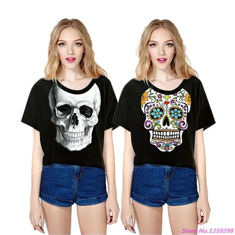 Colorful Sugar Skulls T Shirts Short Sleeve Sexy Women Halloween White