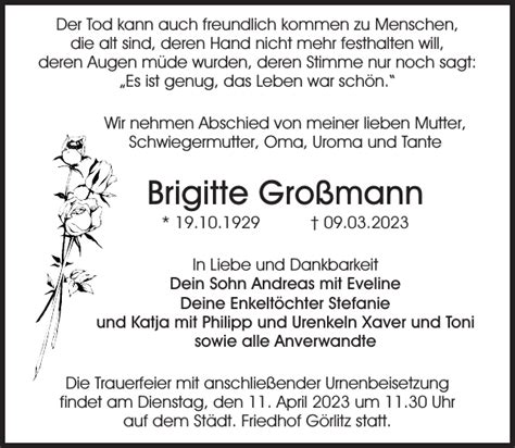 Brigitte Großmann Traueranzeige Sächsische Zeitung