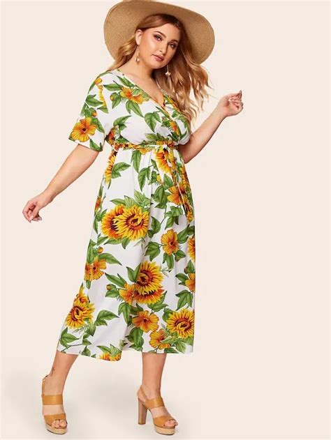 Plus Surplice Front Sunflower Print Dress Print Dress Dresses Curvy