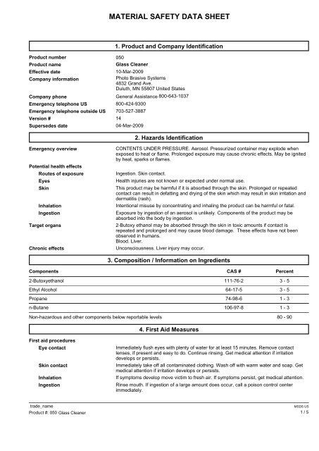 MSDS 050 - Glass Cleaner