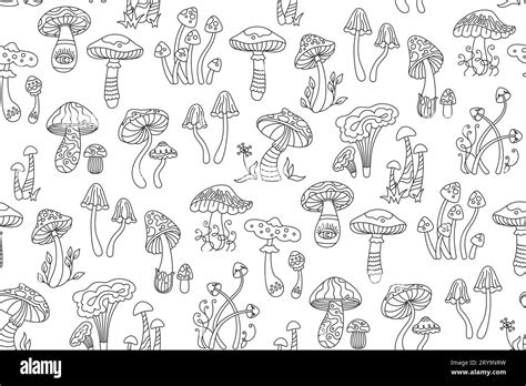 Mushrooms Stylizes Hippie Retro Seamless Pattern Poisonous Psychedelic