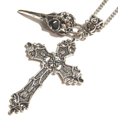 SILVER GOTHIC CROSS BIRD SKULL PENDANT NECKLACE Chain Biker Punk Crow