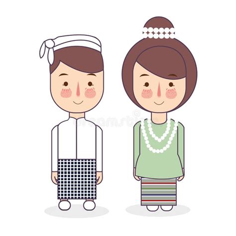 Burmese Couple Traditional National Clothes Of Myanmar Set Of Cartoon Characters In Traditional