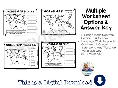 World Map: World Map Quiz test and Map Worksheet, 7 Continents and 5 ...