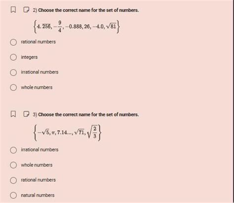 Choose The Correct Name For These Sets Of Numbers Brainly