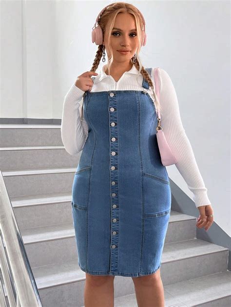 SHEIN EZwear Große Größe Jeanskleid mit Knopf ohne T Shirt aktuelle