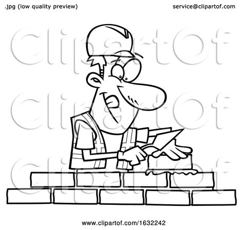 Cartoon Outline Male Mason Contractor Laying Bricks By Toonaday 1632242