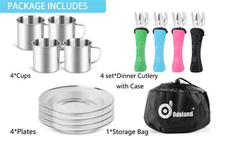 Odoland 25pcs Stainless Steel Camping Flatware Sets With Plates Cups