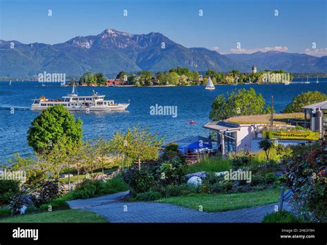 Excursion Boat In Front Of Gardens On The Lakeshore Towards Fraueninsel