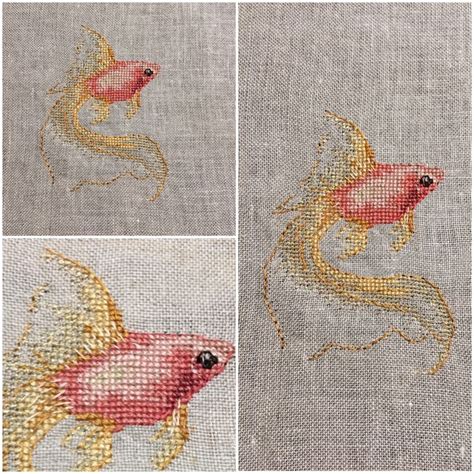 Three Different Pictures Of Goldfishs On Linen With Embroidery Work In