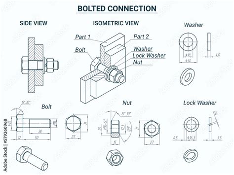 Bolt nut connection. Vector technical poster with bolted connection of two parts. Bolt, nut ...