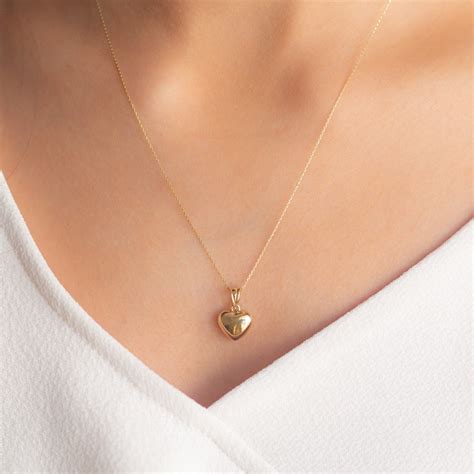 Dainty Shiny Puffed Heart Pendant Necklace In 14k Solid Gold Etsy