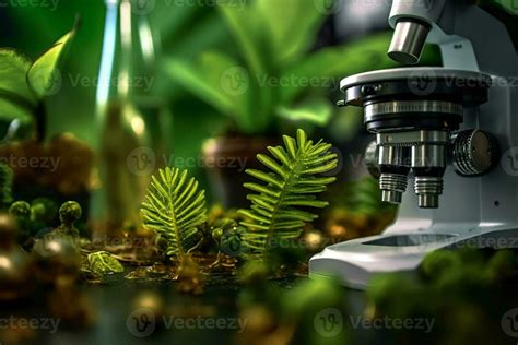 green plants on a table next to microscope in a lab with Generative AI ...