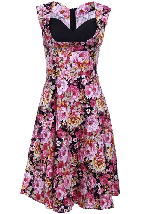 [45 Off] Retro Sweetheart Neck Flower Print Sleeveless Midi Dress For