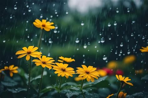 Premium AI Image | Flowers in the rain, the rain drops on them