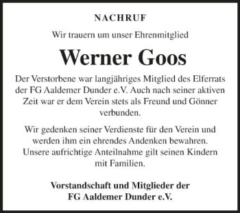 Traueranzeigen Von Werner Goos Trauerportal Ihrer Tageszeitung