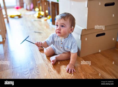 Adorable Toddler Sitting On The Floor Playing Around Lots Of Toys At