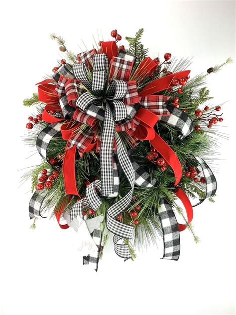 Christmas Evergreen Wreath Black And White Buffalo Check Etsy