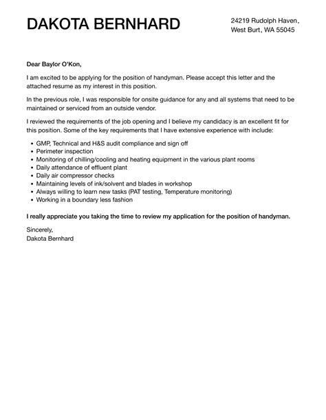 Handyman Cover Letter Velvet Jobs