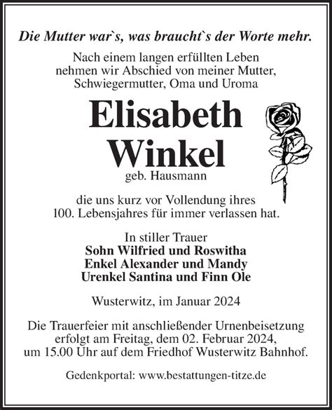 Traueranzeigen von Elisabeth Winkel Märkische Onlinezeitung Trauerportal