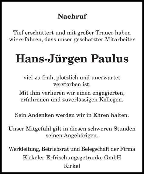 Traueranzeigen Von Hans J Rgen Paulus Saarbruecker Zeitung Trauer De