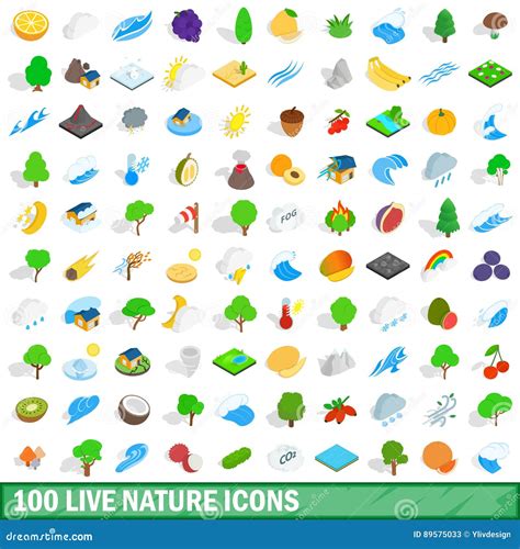 100 Live Nature Icons Set Isometric 3d Style Stock Vector