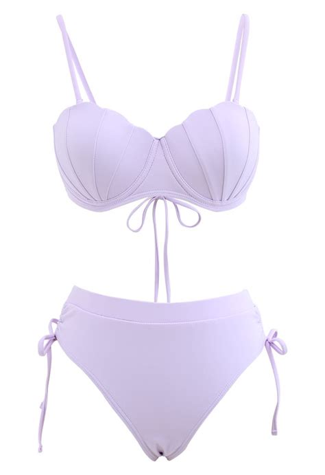 Muschelförmiges Bikini Set mit Kordelzug in Flieder Retro Indie and